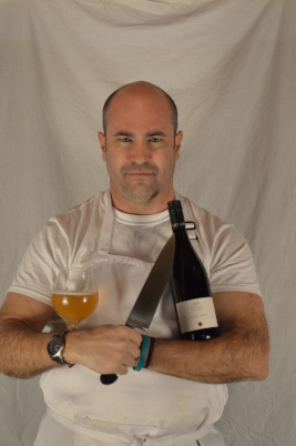 Picture of me with beer, wine, and chef's knife.